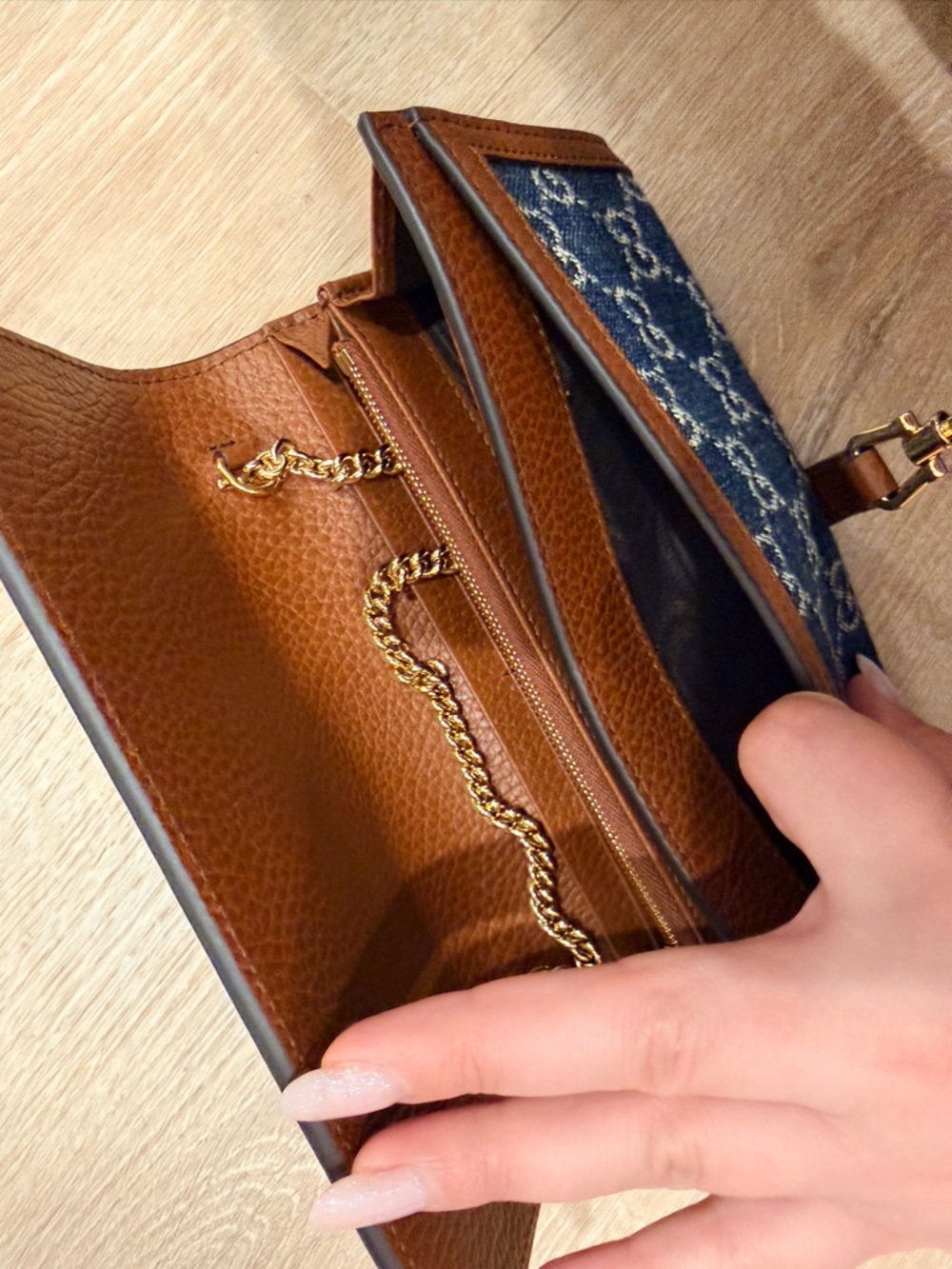 Gucci Blue Denim GG Monogram Continental Wallet with Brown Trim - Picture 7 of 7